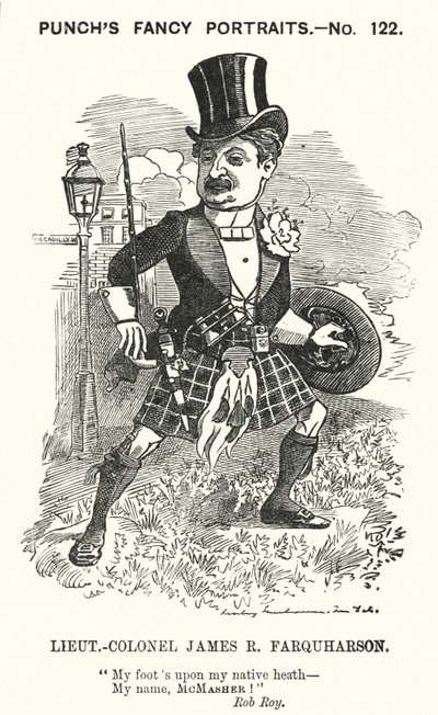 Punch cartoon: James Ross Farquharson, Schotse soldaat door Edward Linley (after) Sambourne