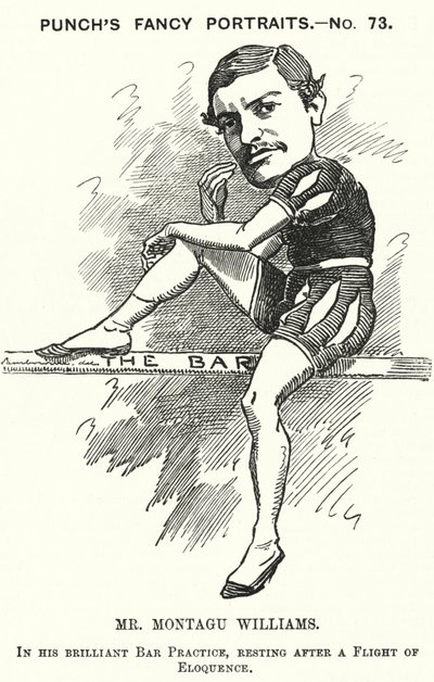 Punch cartoon: Montagu Williams, Engelse leraar, soldaat, acteur, toneelschrijver, advocaat en magistraat (gravure) door Edward Linley (after) Sambourne
