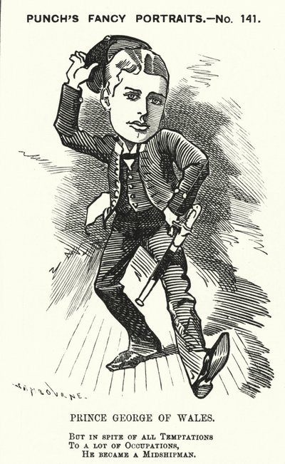 Punch cartoon: Prins George van Wales, de toekomstige koning George V, als adelborst in de Koninklijke Marine (gravure) door Edward Linley (after) Sambourne