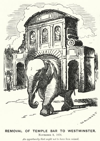 Punch cartoon: Verwijdering van Temple Bar naar Westminster door Edward Linley (after) Sambourne