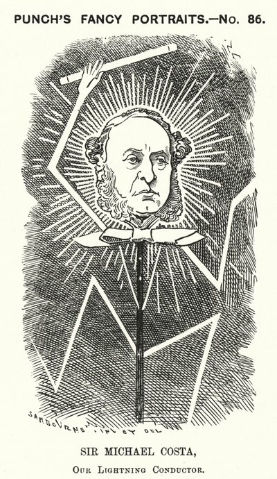 Punch cartoon: Sir Michael Costa, in Italië geboren Engelse dirigent (gravure) door Edward Linley (after) Sambourne