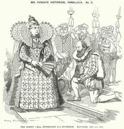Punch cartoon: De Vorstelijke Cecil Vermaakt Zijn Soeverein, Hatfield door Edward Linley (after) Sambourne