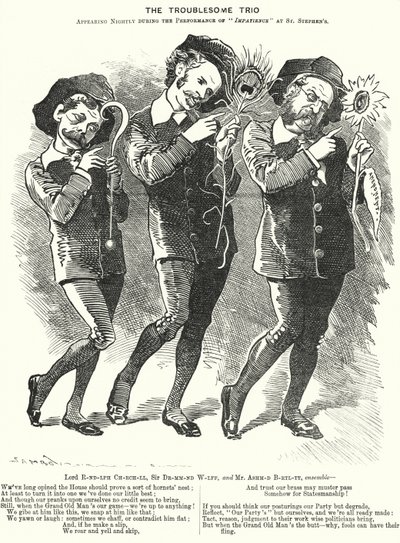 Punch cartoon: Het lastige trio: Lord Randolph Churchill, Henry Drummond Wolff en Ellis Ashmead-Bartlett, Britse conservatieve politici door Edward Linley (after) Sambourne