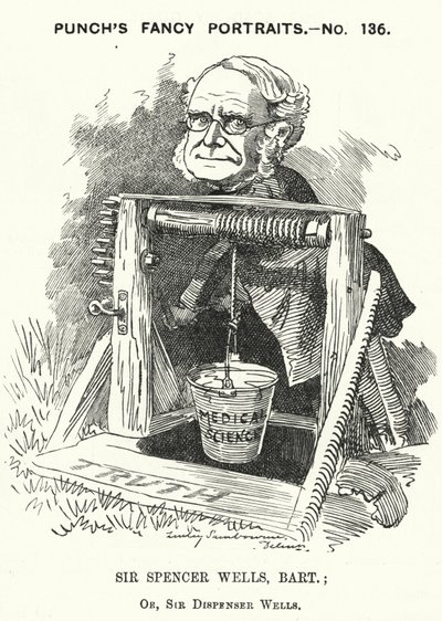 Punch cartoon: Thomas Spencer Wells, Engelse arts, chirurg van koningin Victoria (gravure) door Edward Linley (after) Sambourne