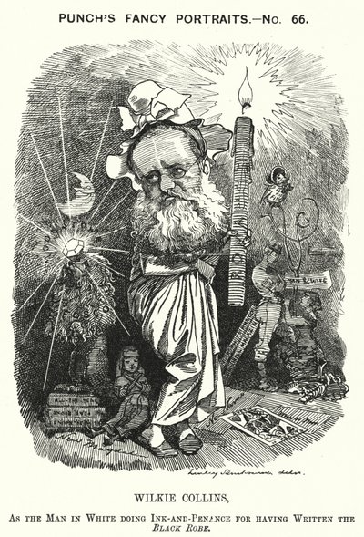 Punch cartoon: Wilkie Collins, Engelse romanschrijver, toneelschrijver en verhalenverteller (gravure) door Edward Linley (after) Sambourne