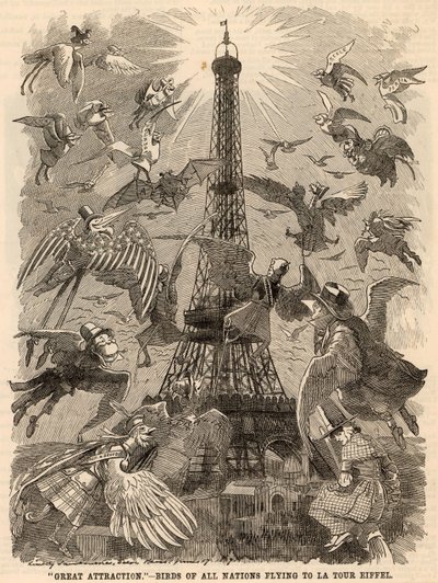 Vogels van alle naties vliegen naar de Eiffeltoren door Edward Linley Sambourne