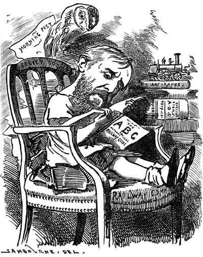 Evelyn Ashley (1836-1907) Engels auteur en liberaal politicus: zoon van de 7e Graaf van Shaftesbury. Cartoon door Edward Linley Sambourne in de Fancy Portraits-serie uit Punch Londen april 1881 toen Ashley ondersecretaris was bij de Board of Trade. door Edward Linley Sambourne