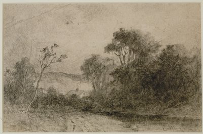 Landschap met daken achter bomen door Edward Mitchell Bannister