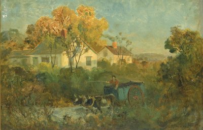 De drinkplaats man in kar met ossen bij poel, 1895 door Edward Mitchell Bannister
