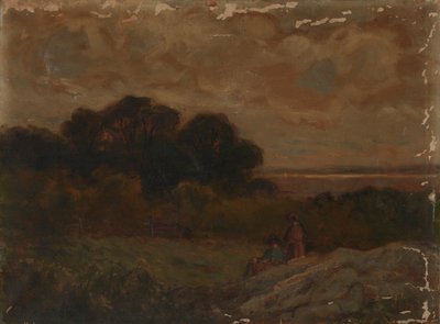 Zonder titel (Landschap met twee vrouwen liggend op rotsen) door Edward Mitchell Bannister