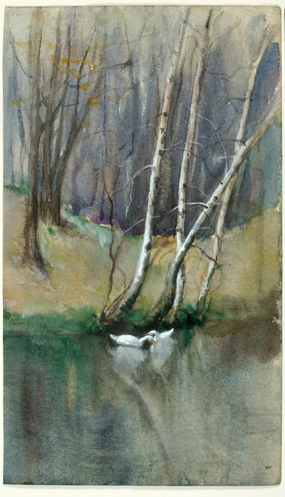 Zonder titel (Houtscène met berken en eenden) door Edward Mitchell Bannister