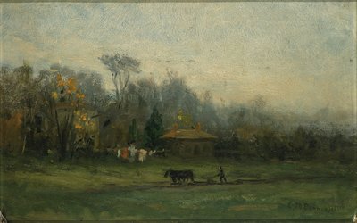 Zonder titel (landschap met man die velden ploegt) door Edward Mitchell Bannister