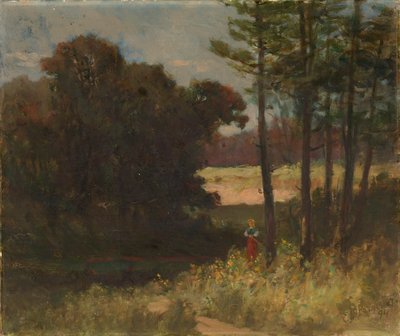 Zonder titel (landschap met bomen en vrouw) door Edward Mitchell Bannister