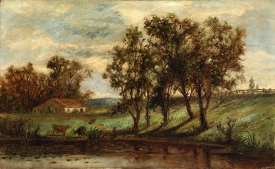 Zonder titel (man met grazende koeien bij vijver met huis en bomen op achtergrond) door Edward Mitchell Bannister