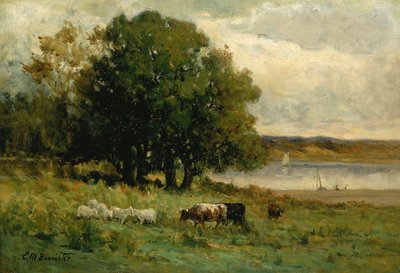 Ongetiteld vee bij rivier met zeilboot in de verte, n.d. door Edward Mitchell Bannister