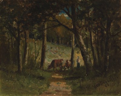 Ongetiteld koeien op pad in bos door Edward Mitchell Bannister