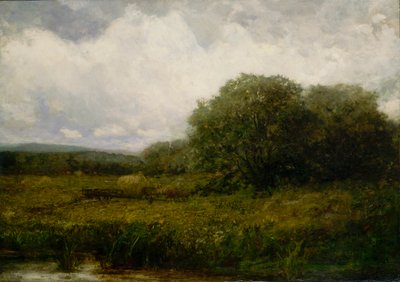 Naamloos landschap met ossen en hooiwagen die brug oversteken door Edward Mitchell Bannister