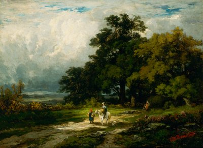 Naamloze man te paard met vrouw en hond door Edward Mitchell Bannister