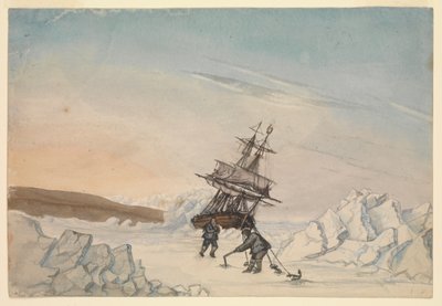 Een schip vast in het ijs met twee bemanningsleden die het schip in het ijs vastzetten met vier bevestigingen door Edward Newell Harrison