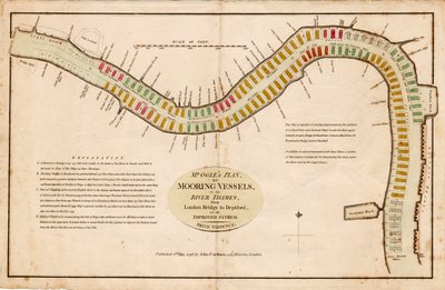 Het plan van Mr Ogle, voor het aanmeren van schepen, in de rivier de Theems, van London Bridge tot Deptford, op een verbeterd systeem door Edward Ogle