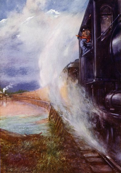 Trein die langs de Skeena-rivier rijdt op de Grand Trunk Pacific Railway, Canada door Edward Parick Kinsella