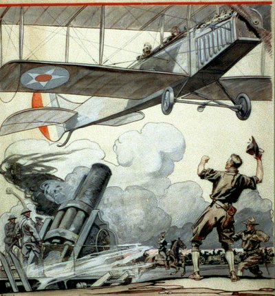 Vliegtuig, artilleriekanon en soldaten door Edward Penfield