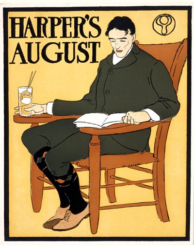 Zittende man op oranje stoel, bij August Harper door Edward Penfield