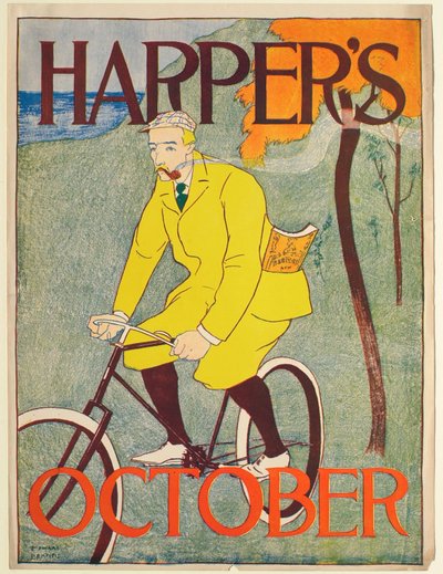 Man in geel pak op een fiets, Harper