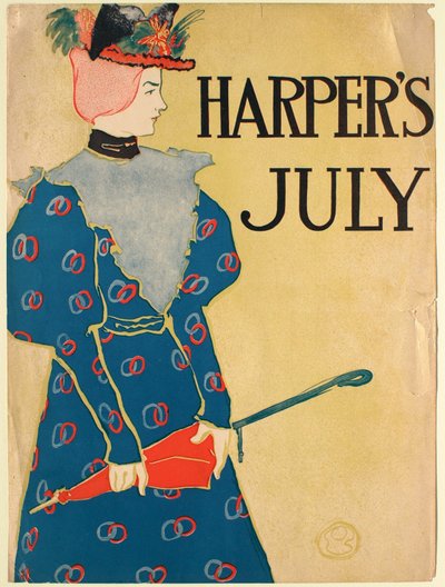 Jonge vrouw in blauwe japon met rode paraplu, juli, Harper
