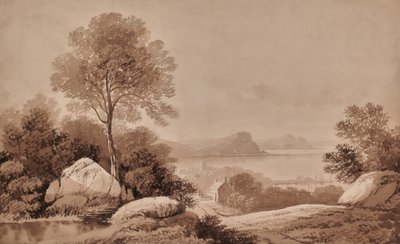 Landschap met meer en huisje door Edward Pretty
