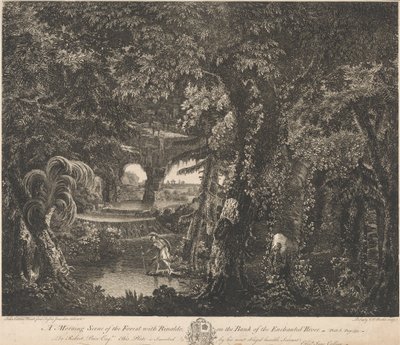 Een Ochtendscène van het Bos met Rinaldo aan de Oever van de Betoverde Rivier door Edward Rooker
