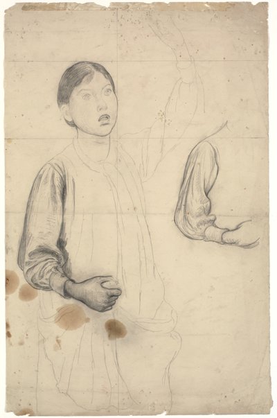 Studie voor een staand meisje met opgeheven linkerarm samen met details van haar rechterarm door Edward Stott
