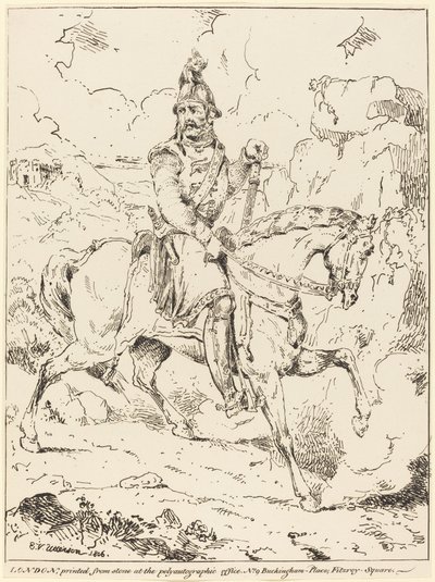 Ridder in harnas te paard door Edward Vernon Utterson