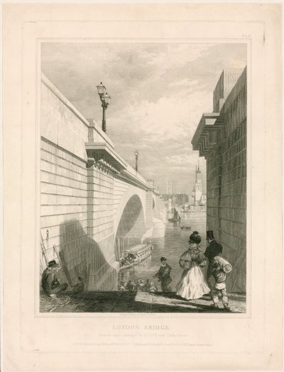 Nieuwe London Bridge vanaf de bovenste landing van de trappen bij Tooley Street door Edward William Cooke