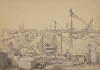 De Bouw van de London Bridge, 1830 door Edward William Cooke