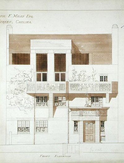 Voorgevel van studio en huis voor Frank Miles, Tite Street, Chelsea, 1878-79 door Edward William Godwin