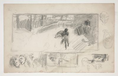 Diverse schetsen (recto); Schets van een man in een cape (verso) door Edwin Austin Abbey
