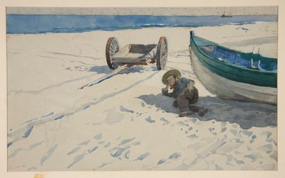 Strandscène met man rustend in de schaduw van een boot door Edwin Austin Abbey