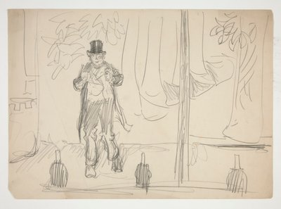Cartoon van een acteur op het podium (?) - niet-geïdentificeerde illustratie door Edwin Austin Abbey