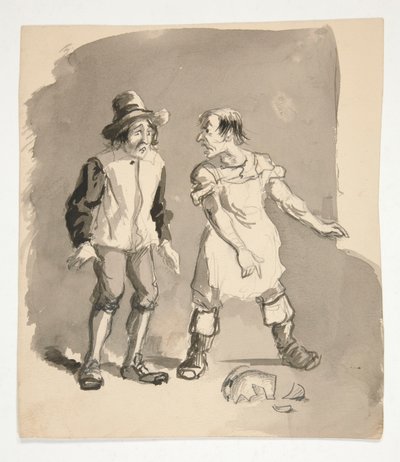 Cartoon van twee mannen en een gebroken pot door Edwin Austin Abbey