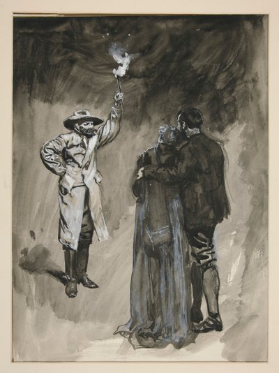Koppel geconfronteerd op straat door man met fakkel - niet-geïdentificeerde illustratie door Edwin Austin Abbey