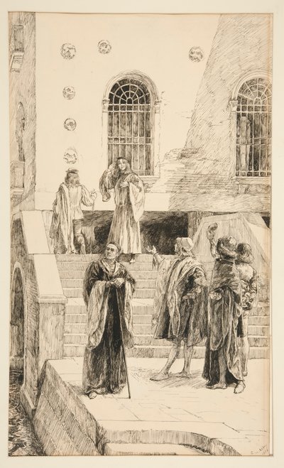 Exuent Salarino en Salanio, uit Act I, Scene i, Koopman van Venetië door Edwin Austin Abbey