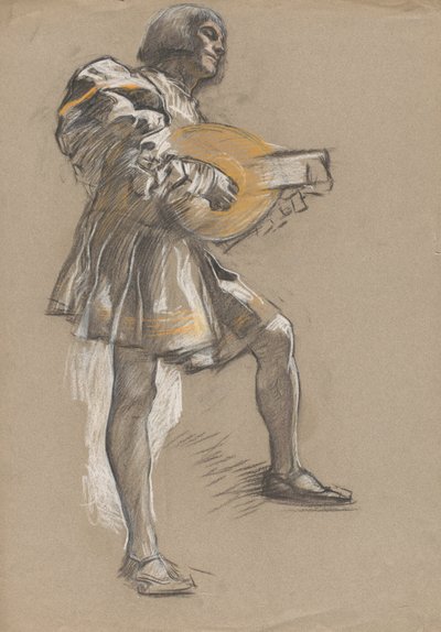 Figuur met mandoline in middeleeuws kostuum door Edwin Austin Abbey