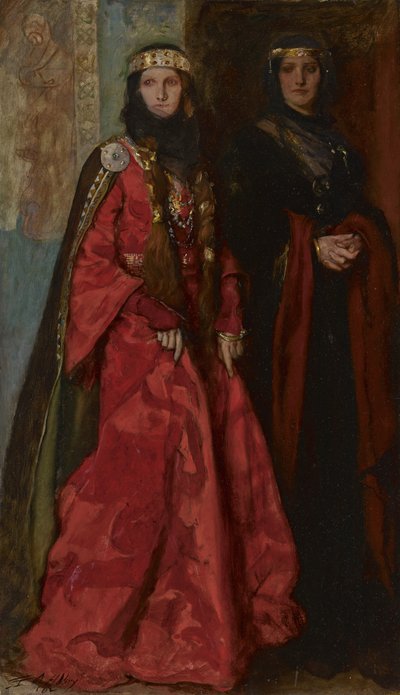 Goneril en Regan in King Lear Act I Scene I door Edwin Austin Abbey