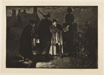Illustratie voor Goldsmiths „She Stoops to Conquer“: „Ik vergis me, of ik hoorde stemmen“ door Edwin Austin Abbey