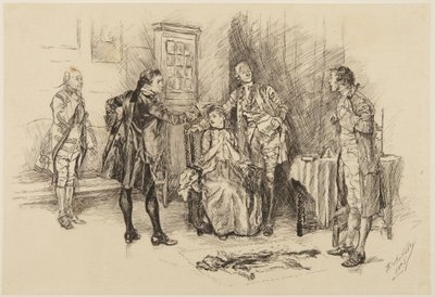 Illustratie bij Goldsmiths *She Stoops to Conquer*: „Was het wel zo gepast, meneer, om ertoe bij te dragen dat ik mezelf belachelijk maakte” door Edwin Austin Abbey