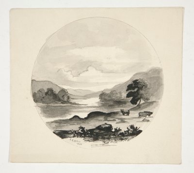 Landschap met rivier - rondelformaat door Edwin Austin Abbey