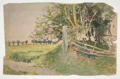 Landschap met bomen en gebroken hek door Edwin Austin Abbey