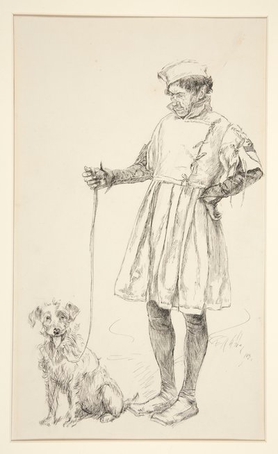 Launce en zijn hond, uit Act IV, Scene iv, Two Gentlemen of Verona door Edwin Austin Abbey