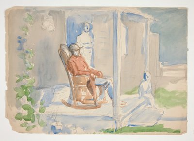 Man in schommelstoel op veranda met zijn vrouw en kind - niet-geïdentificeerde illustratie door Edwin Austin Abbey